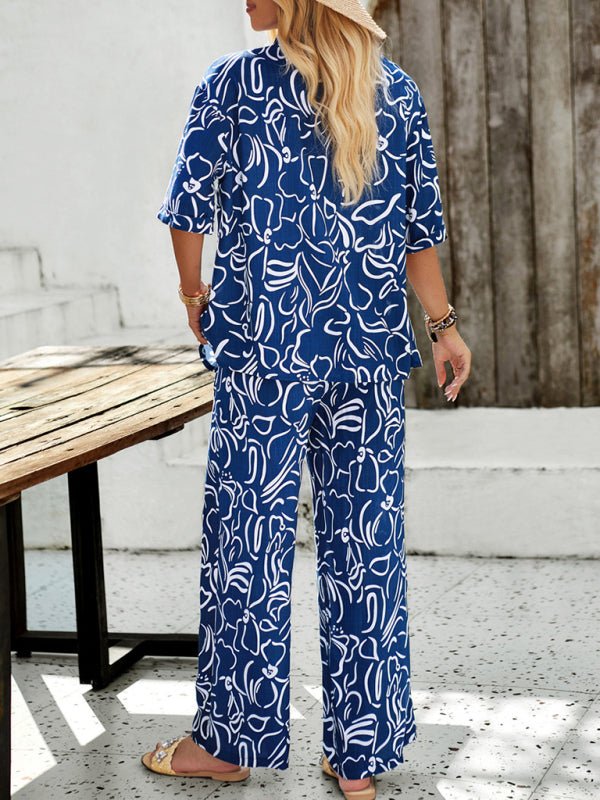 New women's casual fashion printed lapel short - sleeved shirt and trousers vacation suit - Pant Suit